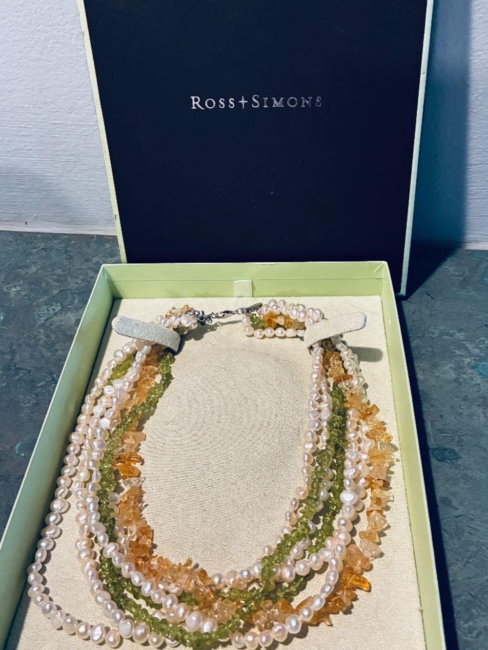 Ross Simons 7 Strand Peridot, & Citrine Chips, Pearl Necklace -Never Worn